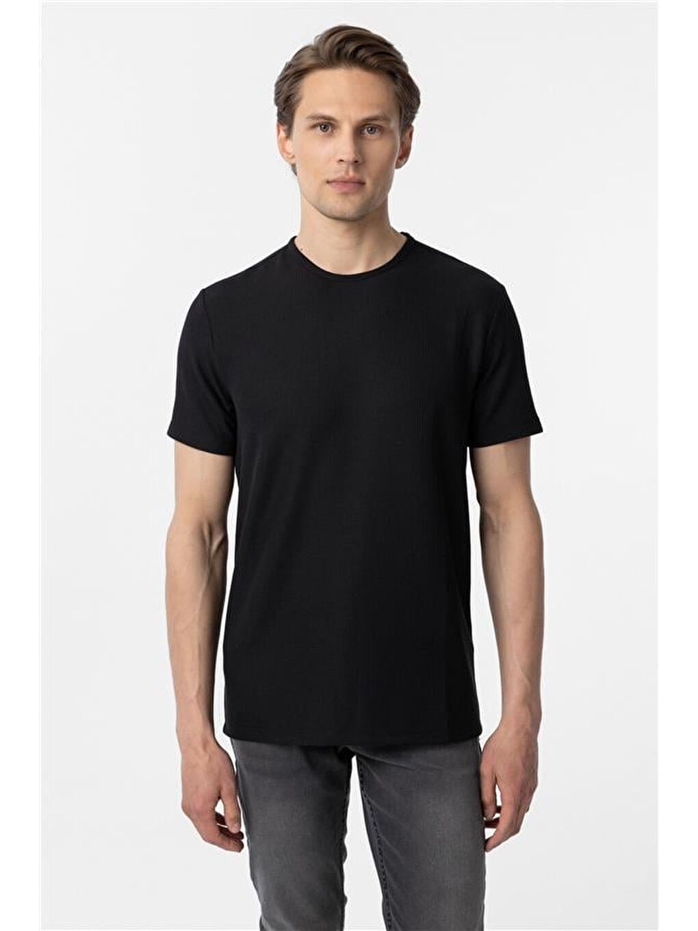 Siyah Slim Armürlü Bisiklet Yaka Tişört