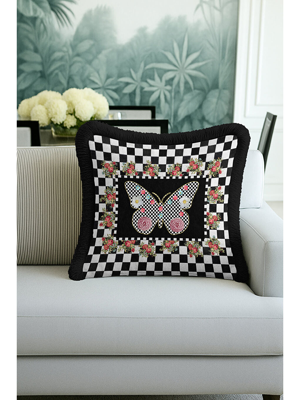Karışık Zarif Ekose Kelebek Saçaklı Yastık Kılıfı-Gül Motifli Bohem Siyah Püsküllü Kırlent Kılıfı-4