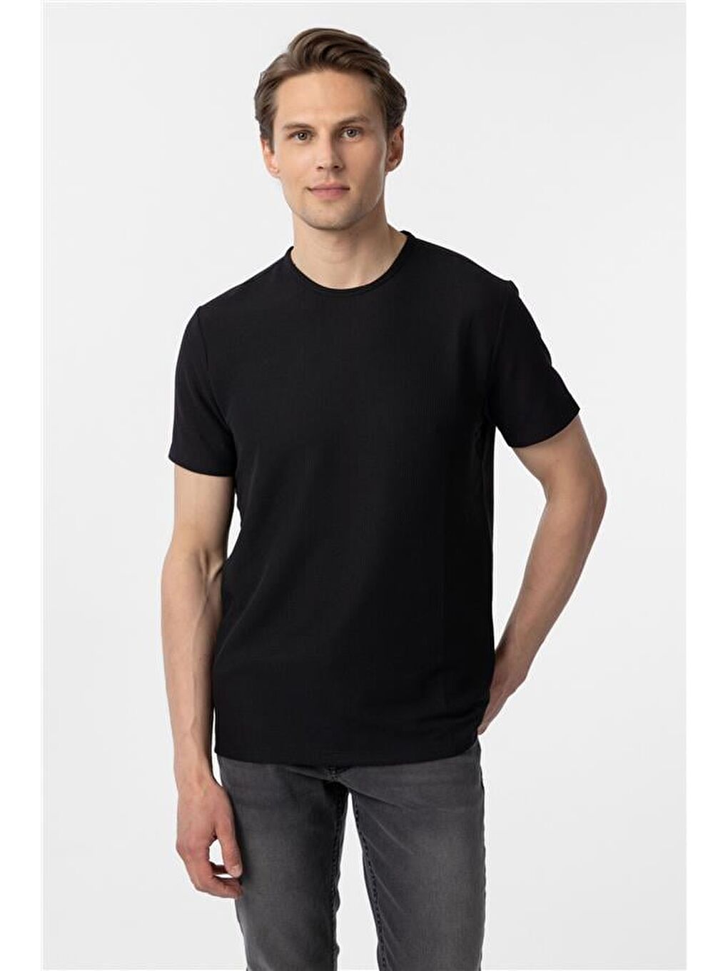 Siyah Slim Armürlü Bisiklet Yaka Tişört-1