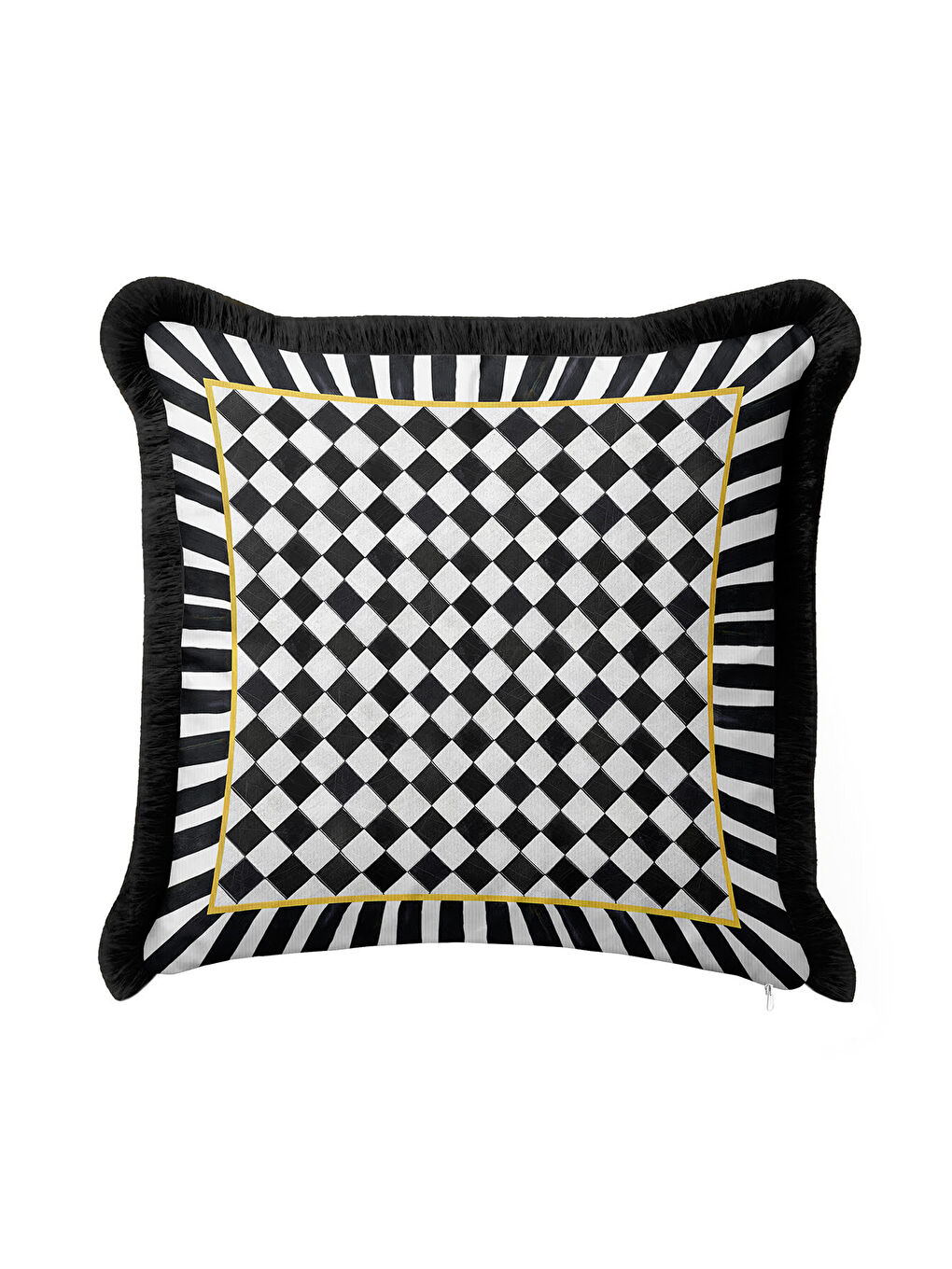 Karışık Luks Geometrik Saçaklı Yastık Kılıfı - Monokrom Optik Modern Siyah Beyaz Püsküllü Kırlent Kılıfı-4