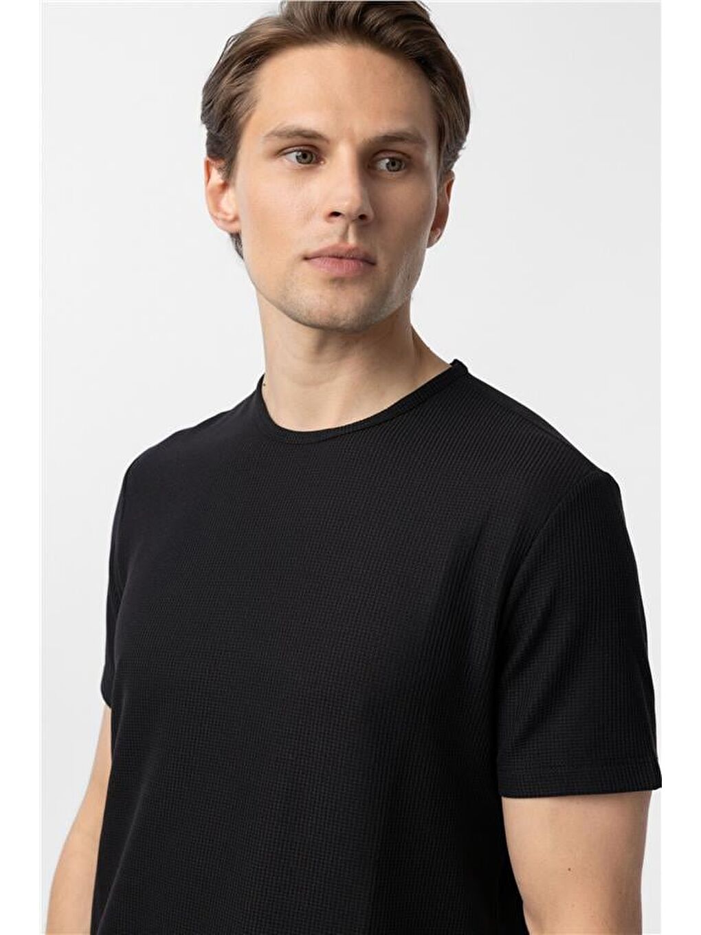 Siyah Slim Armürlü Bisiklet Yaka Tişört-2