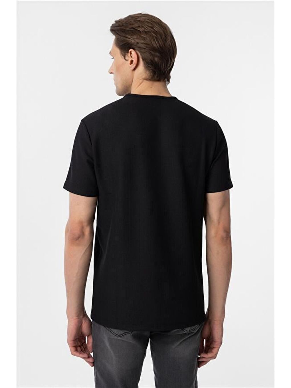 Siyah Slim Armürlü Bisiklet Yaka Tişört-3