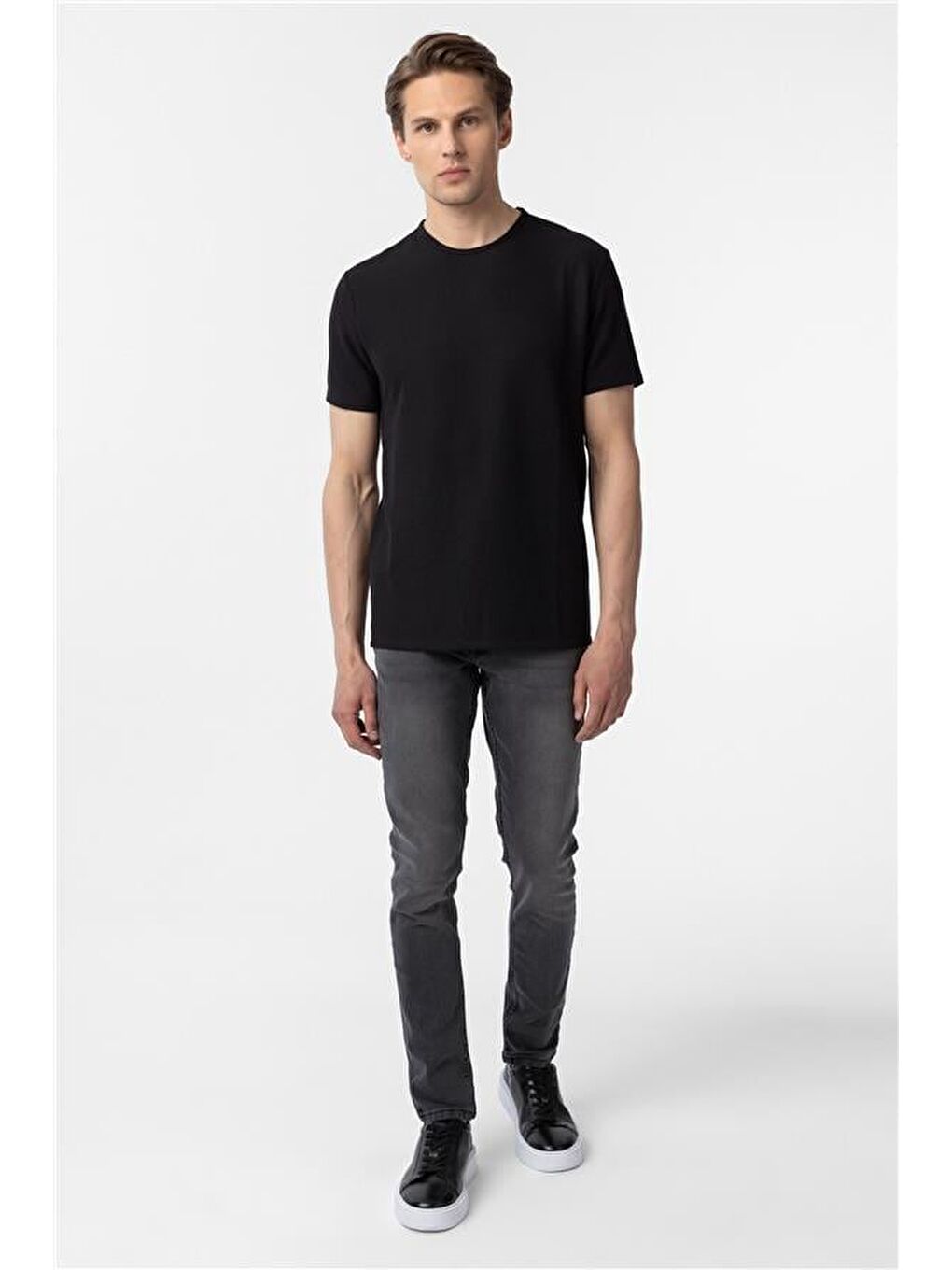 Siyah Slim Armürlü Bisiklet Yaka Tişört-4