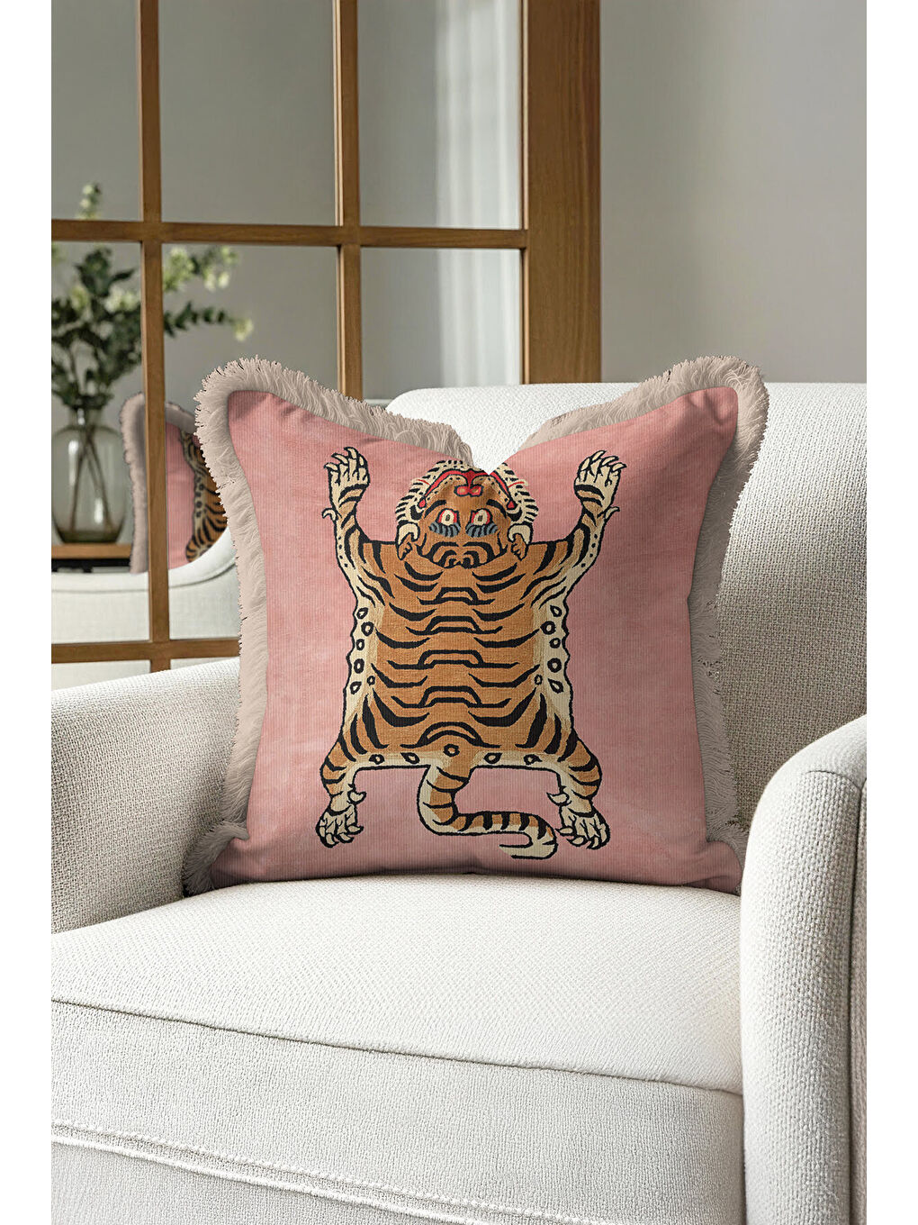 Karışık Lüks Kaplan Figürlü Saçaklı Yastık Kılıfı - Asya Esintili Bohem Pudra Gold Püsküllü Kırlent Kılıfı-4