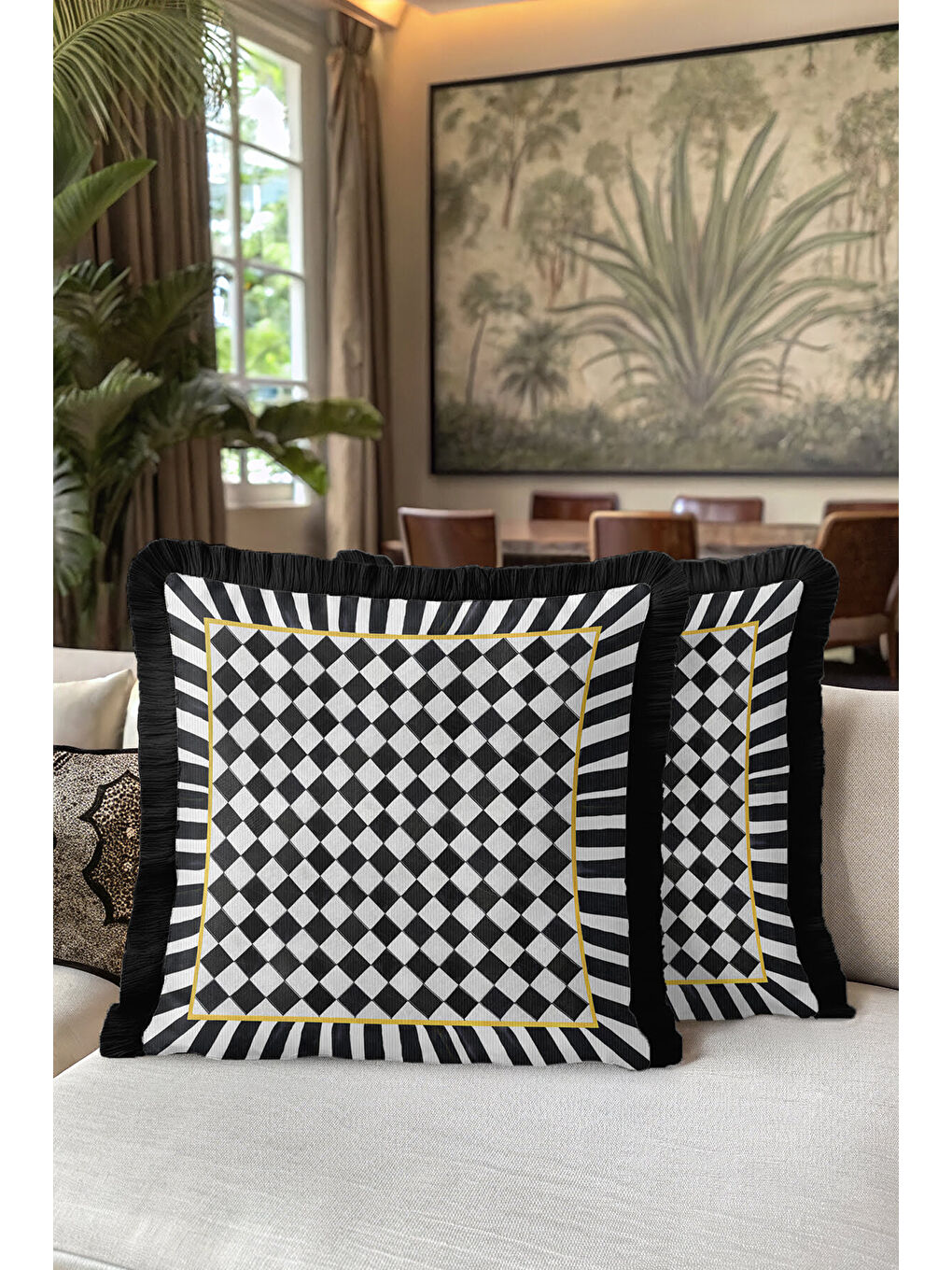 Karışık Luks Geometrik Saçaklı Yastık Kılıfı - Monokrom Optik Modern Siyah Beyaz Püsküllü Kırlent Kılıfı-5