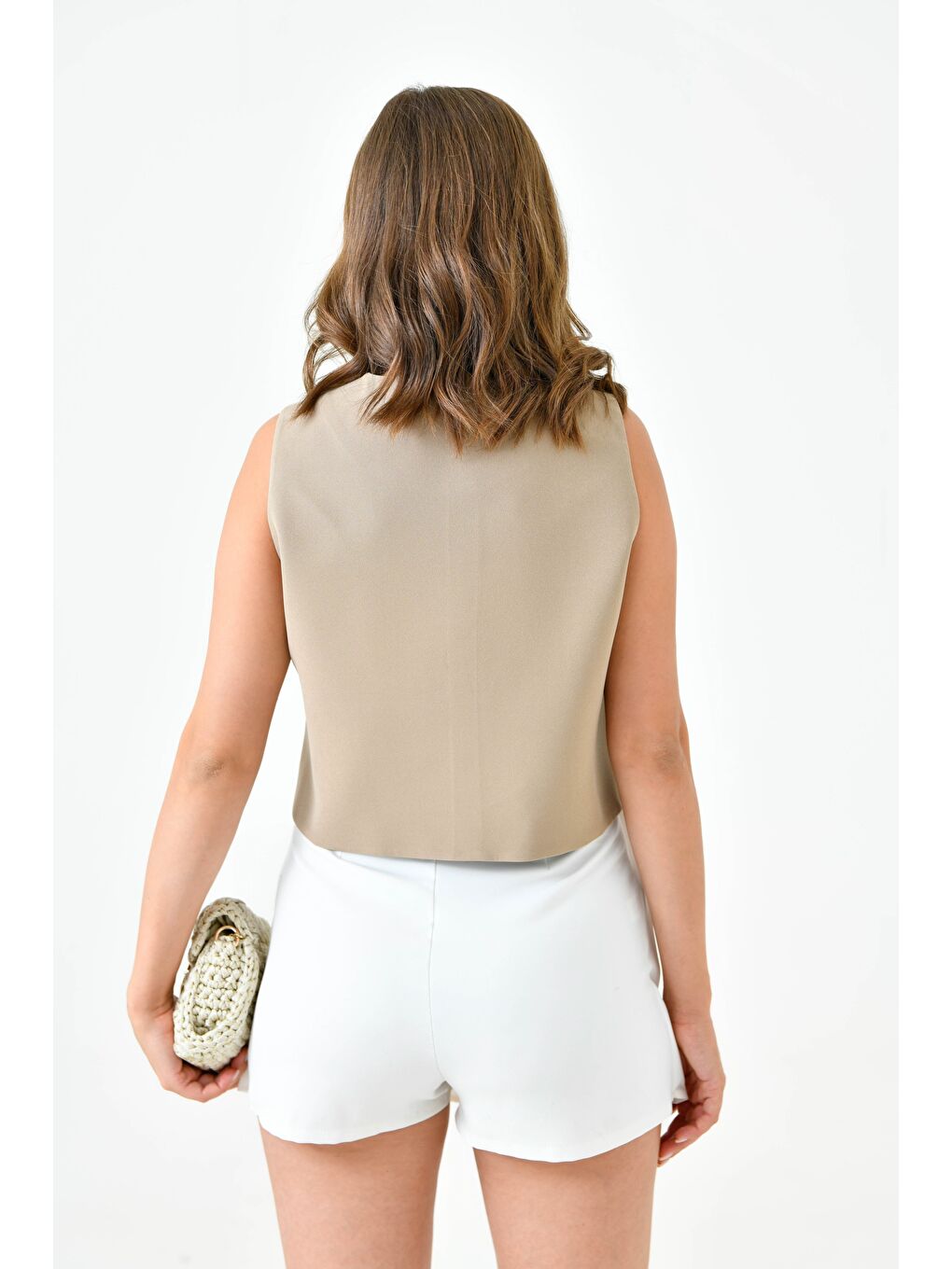 Bej Vizon Fitted Düğmeli Dokuma Yelek-4