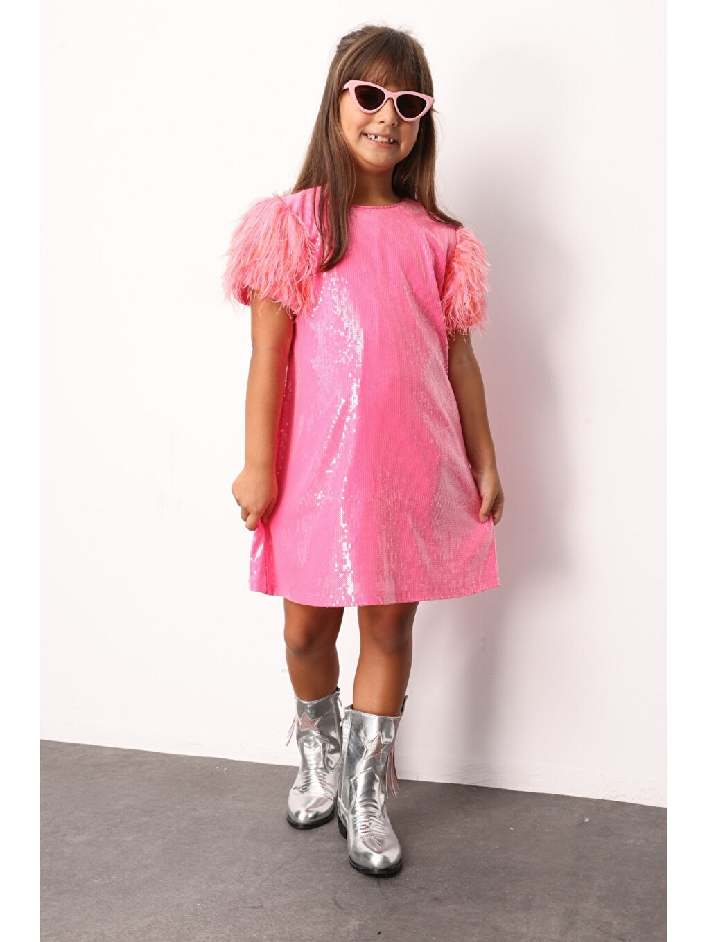 Fuşya Kolları Püsküllü Pullu Kız Çocuk Elbise - Delit-1