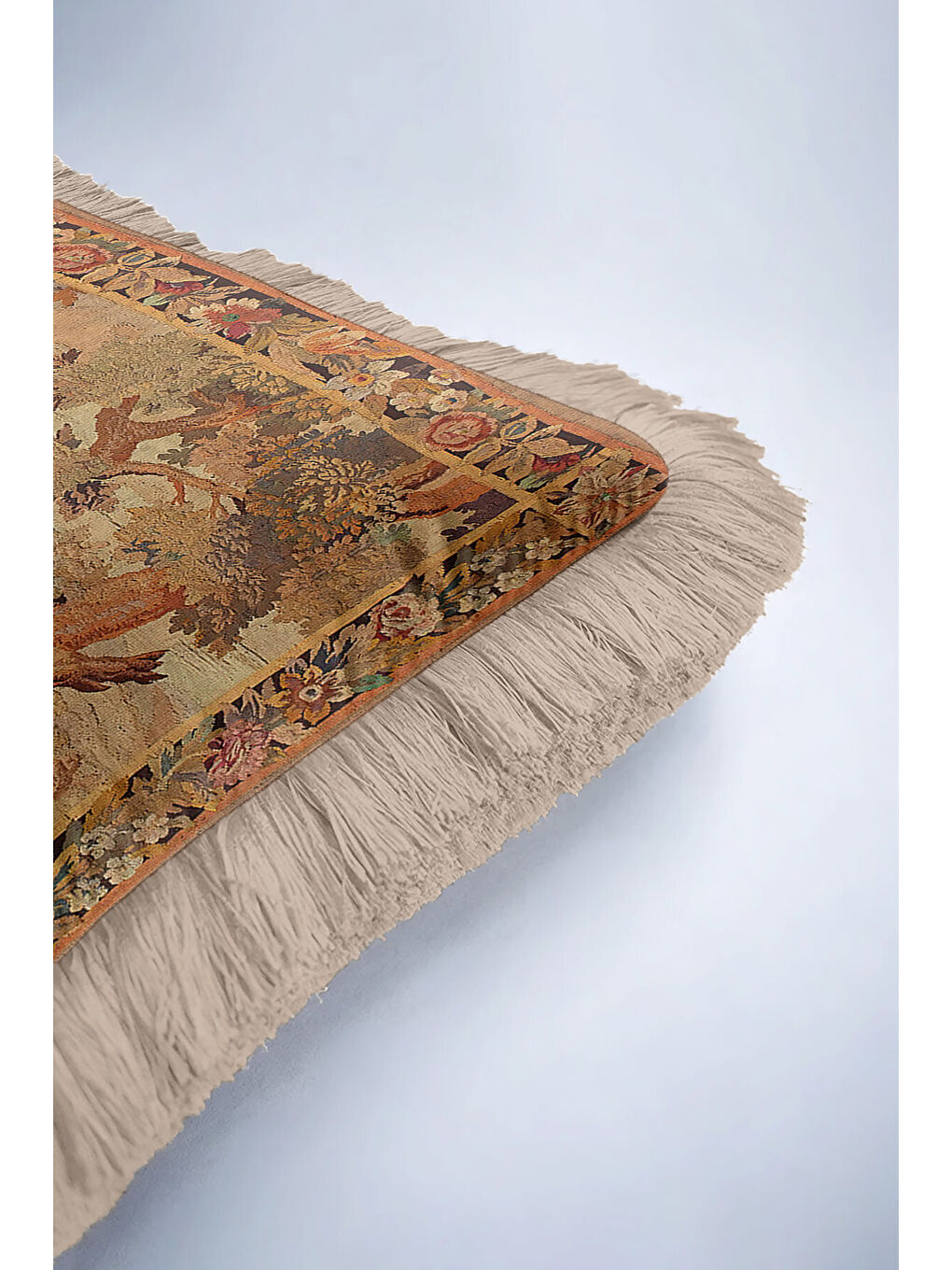 Karışık Klasik Fransız Goblen Manzara Saçaklı Yastık Kılıfı - Vintage Rustik Bej Püsküllü Kırlent Kılıfı-6