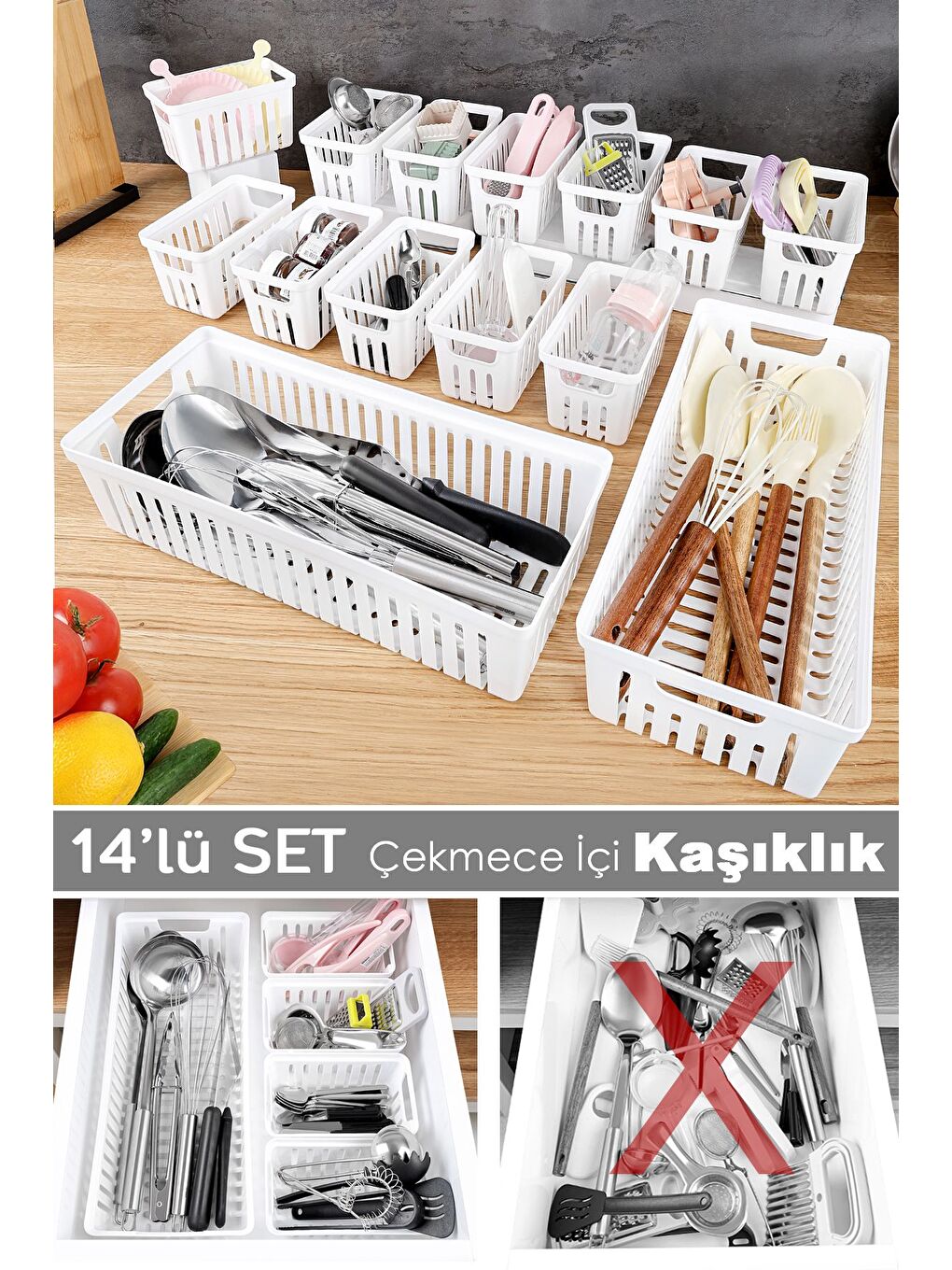 14 Parça Modüler Kaşıklık Seti Çok Amaçlı Çekmece İçi Düzenleyici Mutfak Organizer Kepçelik Beyaz