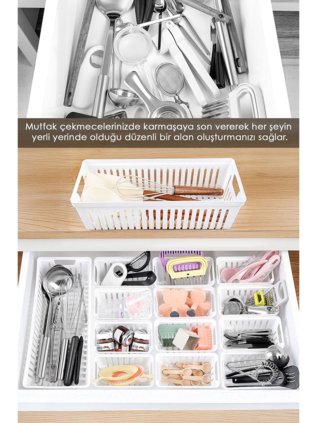 14 Parça Modüler Kaşıklık Seti Çok Amaçlı Çekmece İçi Düzenleyici Mutfak Organizer Kepçelik Beyaz-1