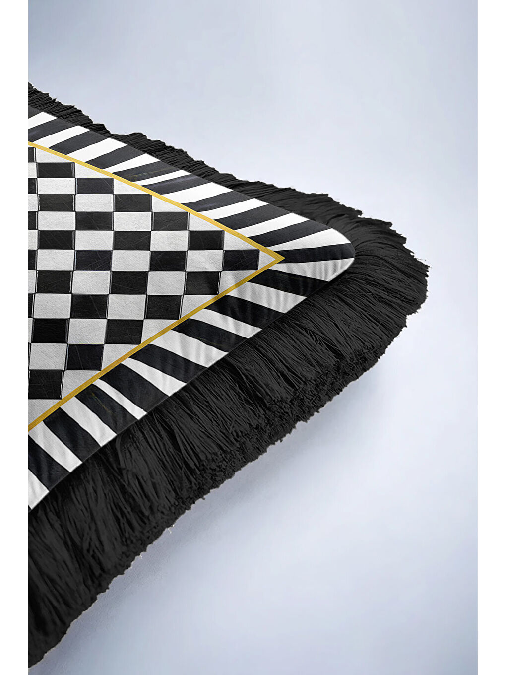 Karışık Luks Geometrik Saçaklı Yastık Kılıfı - Monokrom Optik Modern Siyah Beyaz Püsküllü Kırlent Kılıfı-6