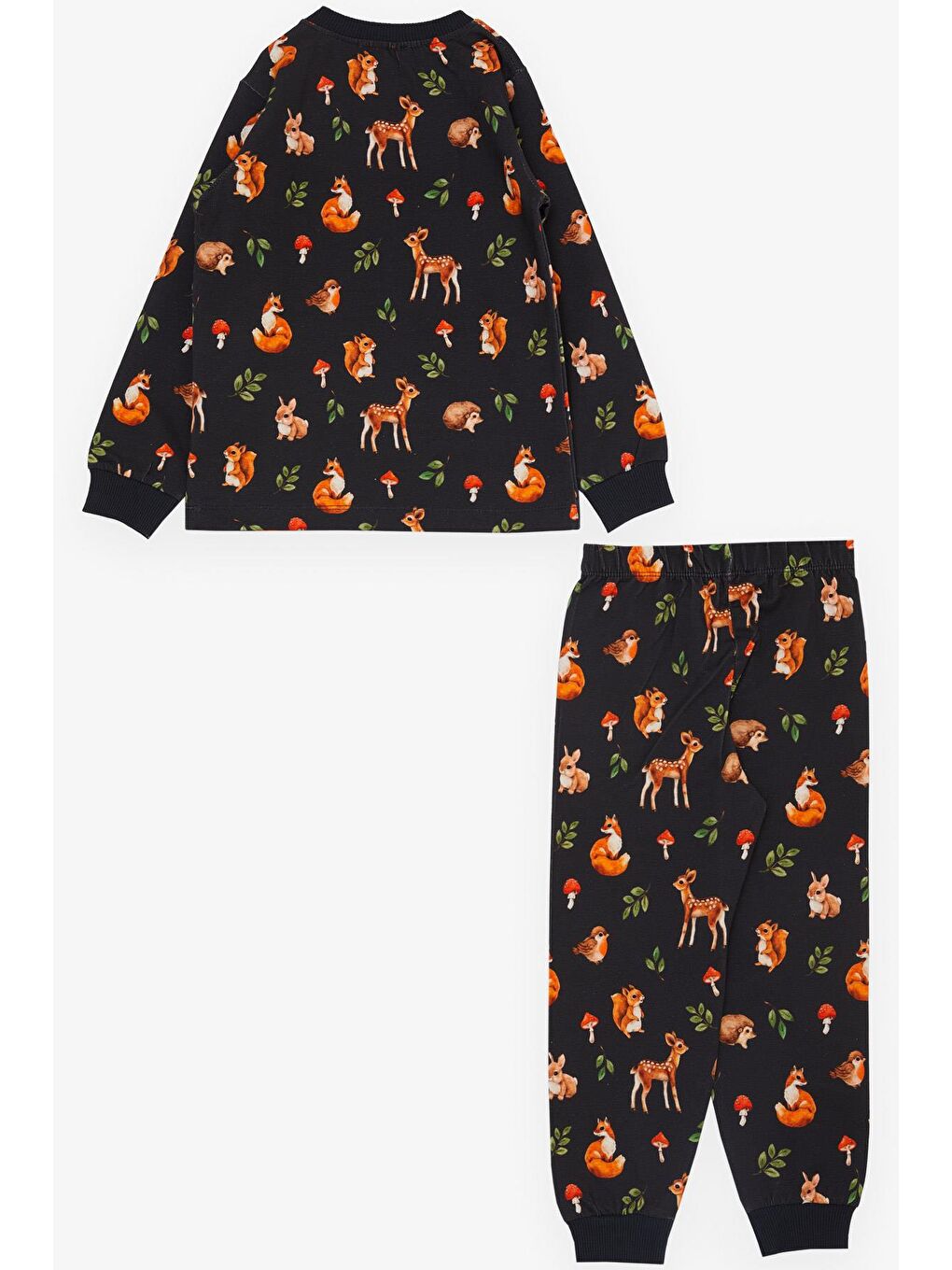 Kız Çocuk Pijama Takımı Orman Temalı Sevimli Hayvancıklar Desenli Antrasit (1-2 Yaş)-1