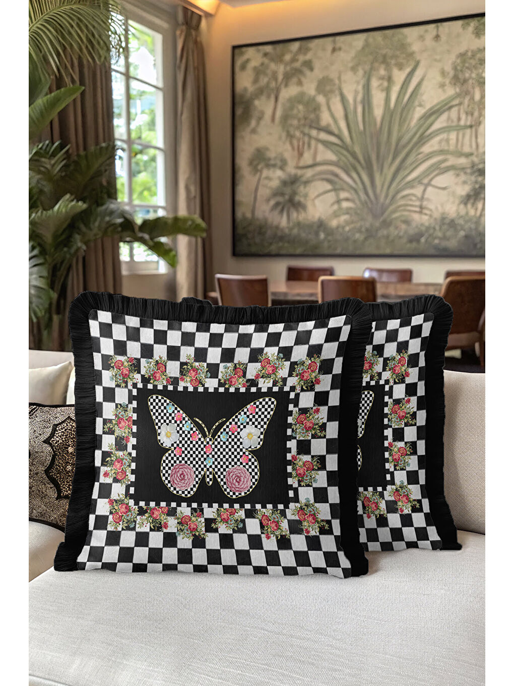 Karışık Zarif Ekose Kelebek Saçaklı Yastık Kılıfı-Gül Motifli Bohem Siyah Püsküllü Kırlent Kılıfı-5