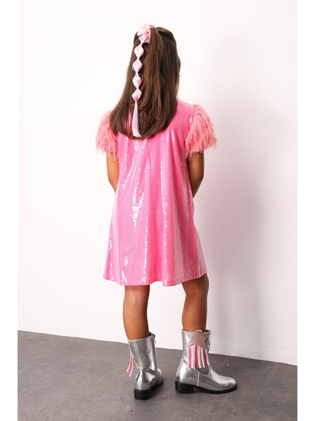 Fuşya Kolları Püsküllü Pullu Kız Çocuk Elbise - Delit-2