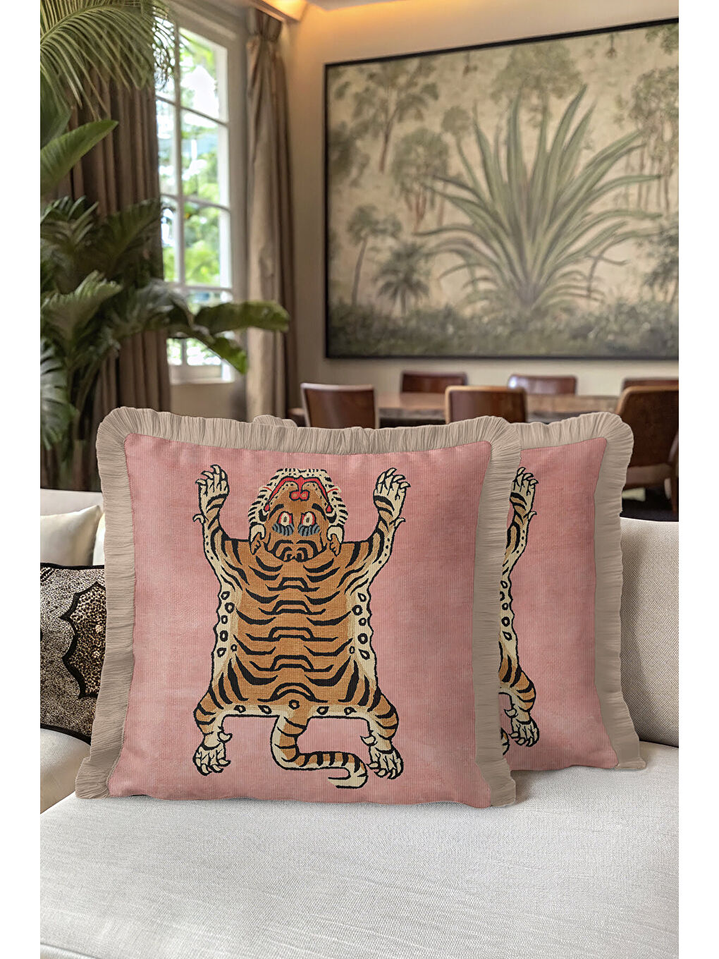 Karışık Lüks Kaplan Figürlü Saçaklı Yastık Kılıfı - Asya Esintili Bohem Pudra Gold Püsküllü Kırlent Kılıfı-5