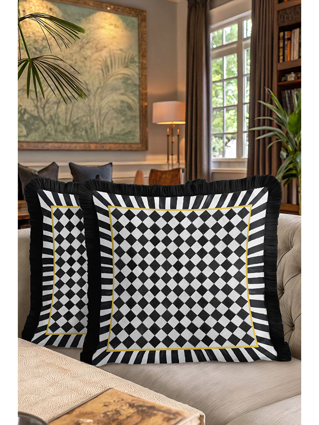 Karışık Luks Geometrik Saçaklı Yastık Kılıfı - Monokrom Optik Modern Siyah Beyaz Püsküllü Kırlent Kılıfı-7