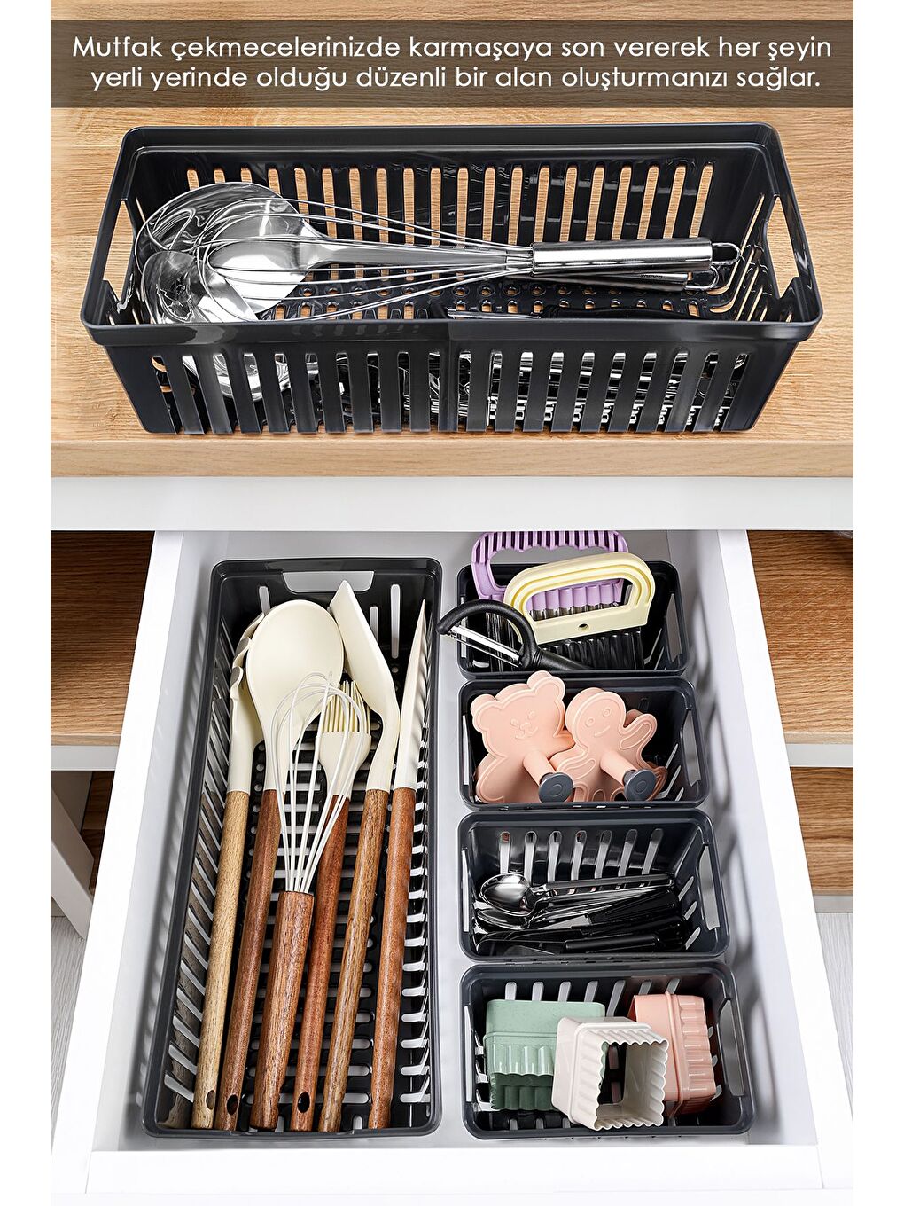 6 Parça Modüler Kaşıklık Seti Çok Amaçlı Çekmece İçi Düzenleyici Mutfak Organizer Kepçelik Siyah-1