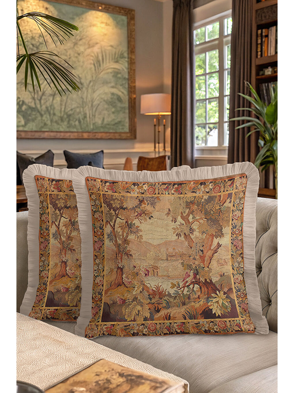 Karışık Klasik Fransız Goblen Manzara Saçaklı Yastık Kılıfı - Vintage Rustik Bej Püsküllü Kırlent Kılıfı-7