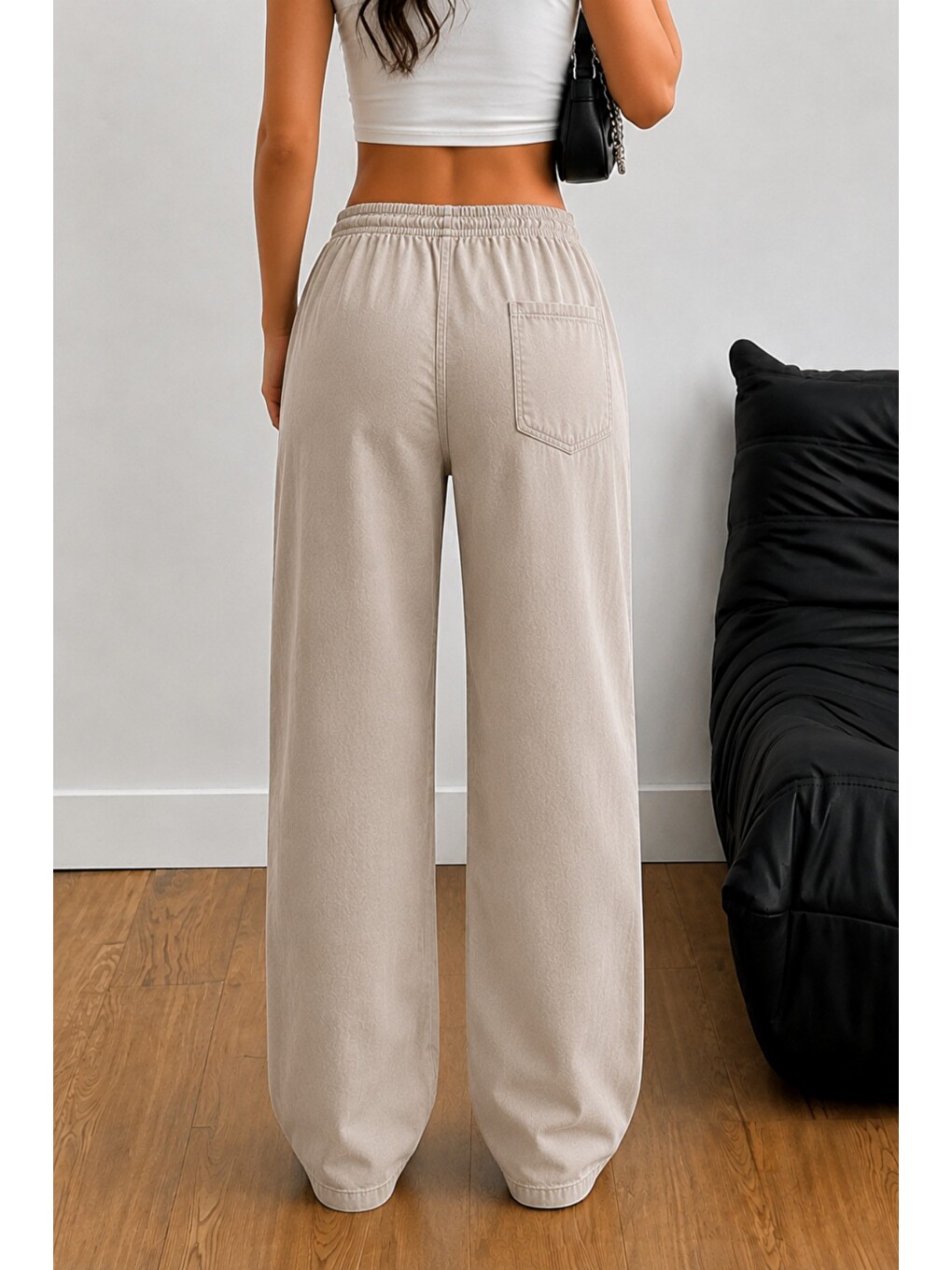 Bej Kadın Keten Karışımlı Regular Fit Beli Lastikli Bağcıklı Yüksek Bel Günlük Pantolon-2