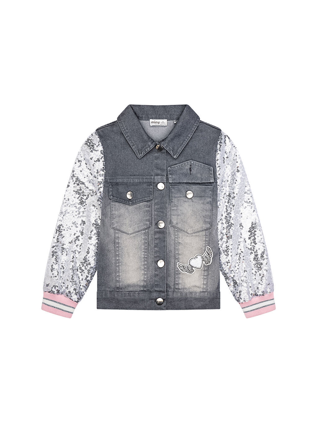 Gri Kolları Pul Payetli Nakışlı Denim Ceket-2