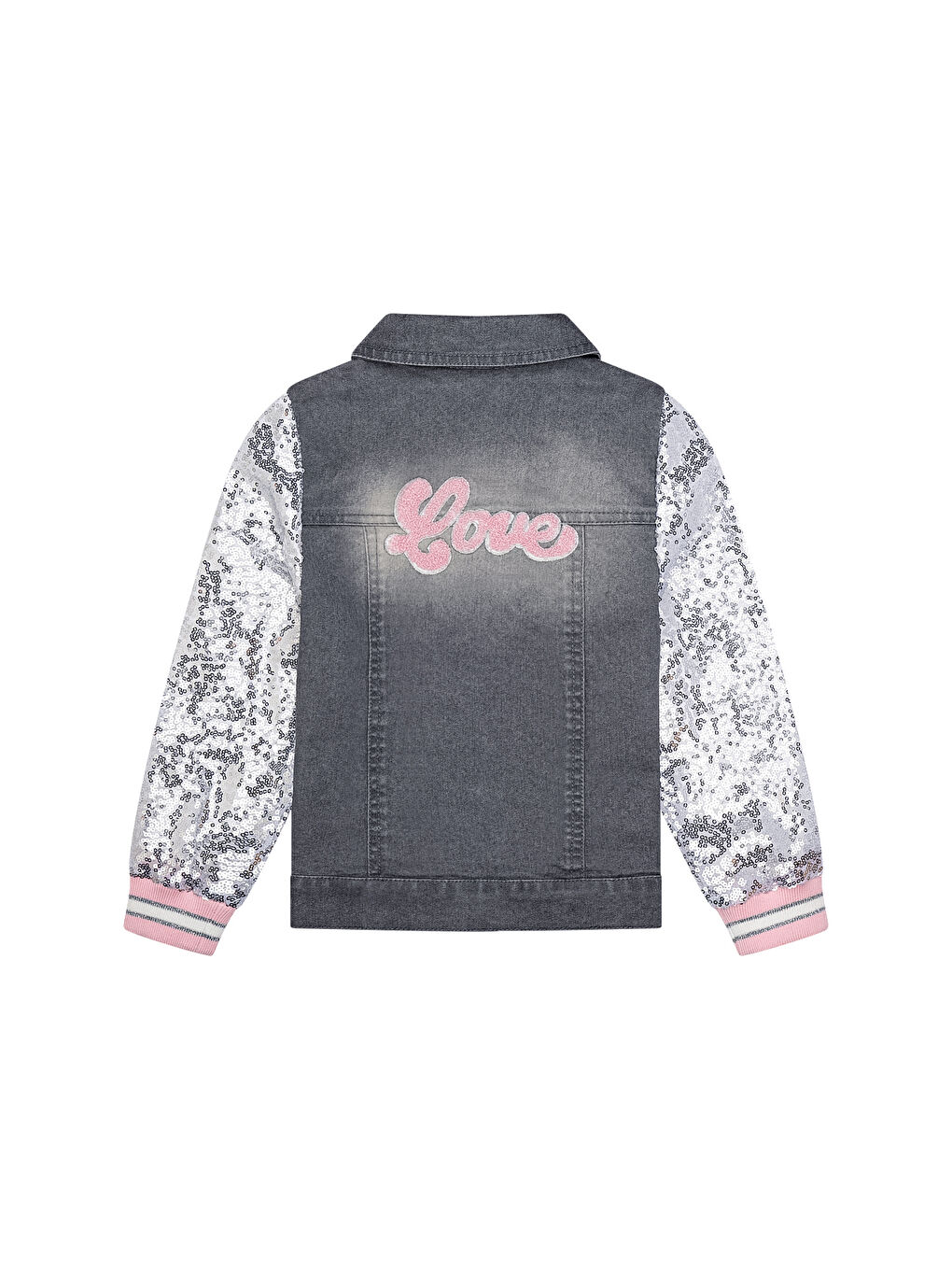 Gri Kolları Pul Payetli Nakışlı Denim Ceket-3