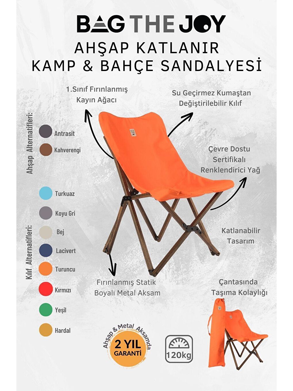 Bag The Joy Turuncu Ahşap Katlanır Antrasit - Turuncu Masa Sandalye Seti  60*60*55cm - 5