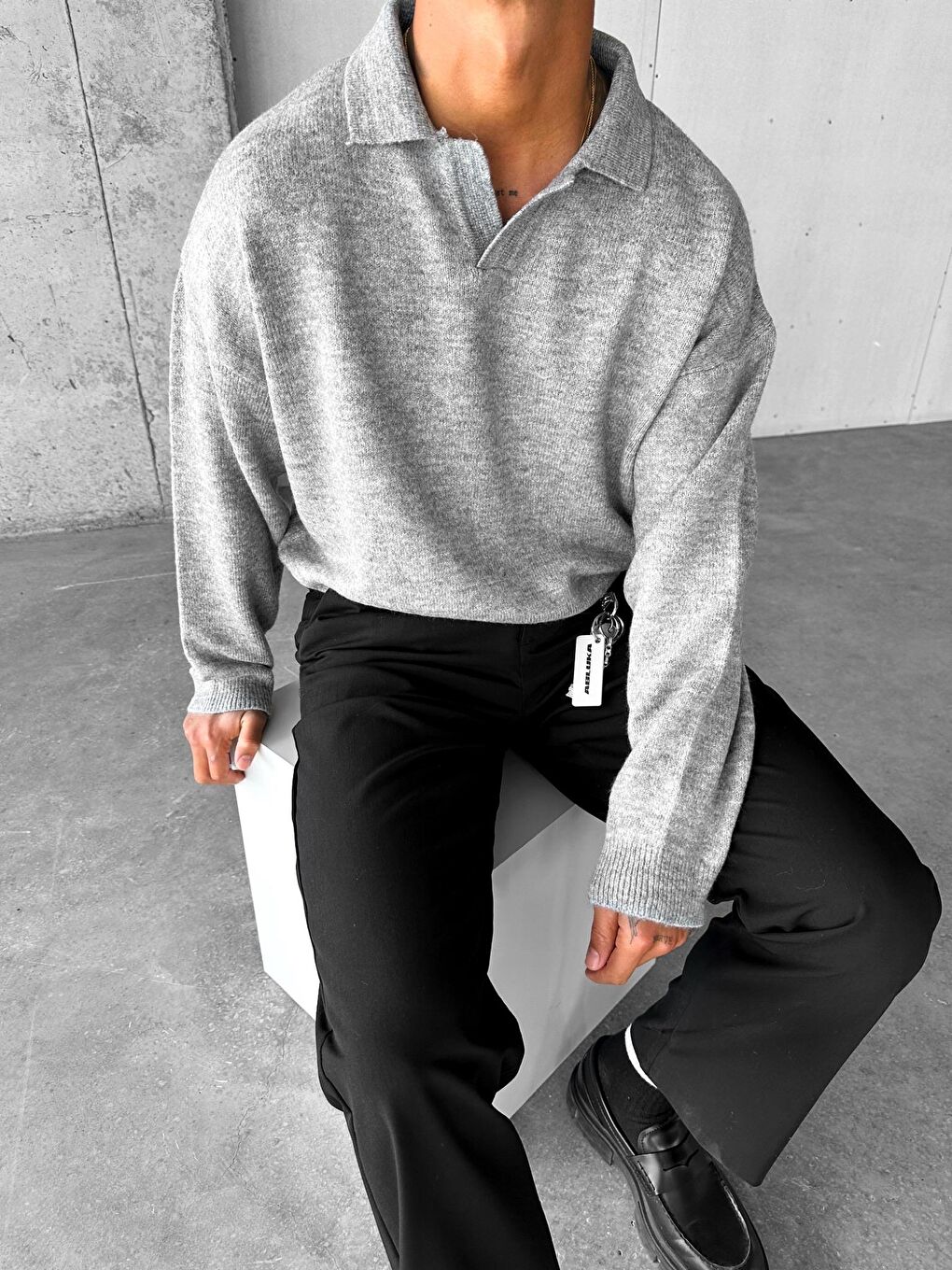 Unisex Polo Yaka Yumuşak Dokulu Oversize Kazak Gri