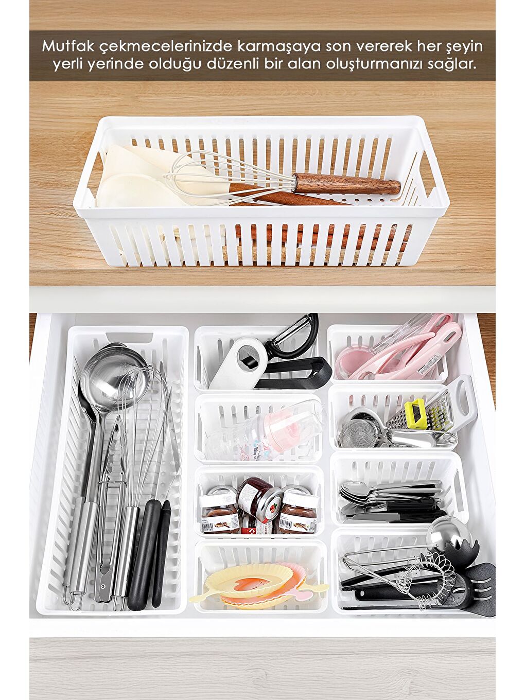 10 Parça Modüler Kaşıklık Seti Çok Amaçlı Çekmece İçi Düzenleyici Mutfak Organizer Kepçelik Beyaz-1