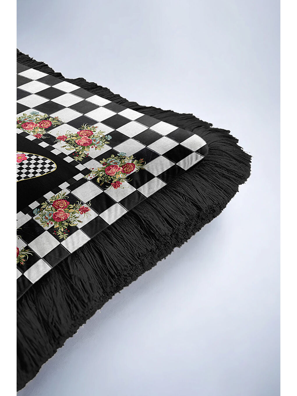 Karışık Zarif Ekose Kelebek Saçaklı Yastık Kılıfı-Gül Motifli Bohem Siyah Püsküllü Kırlent Kılıfı-6