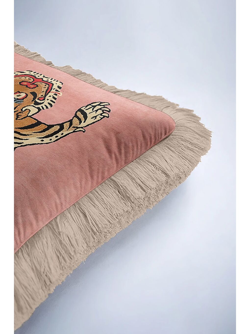 Karışık Lüks Kaplan Figürlü Saçaklı Yastık Kılıfı - Asya Esintili Bohem Pudra Gold Püsküllü Kırlent Kılıfı-6