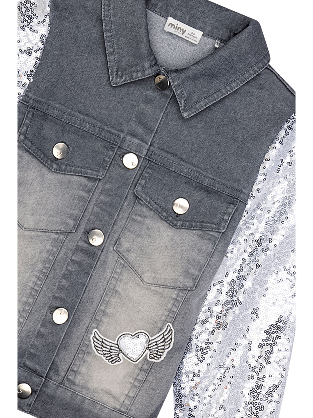 Gri Kolları Pul Payetli Nakışlı Denim Ceket-4