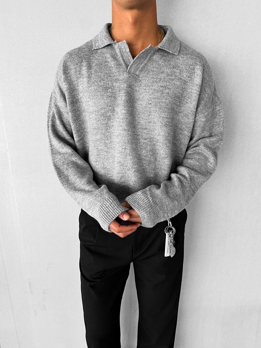 Unisex Polo Yaka Yumuşak Dokulu Oversize Kazak Gri-1