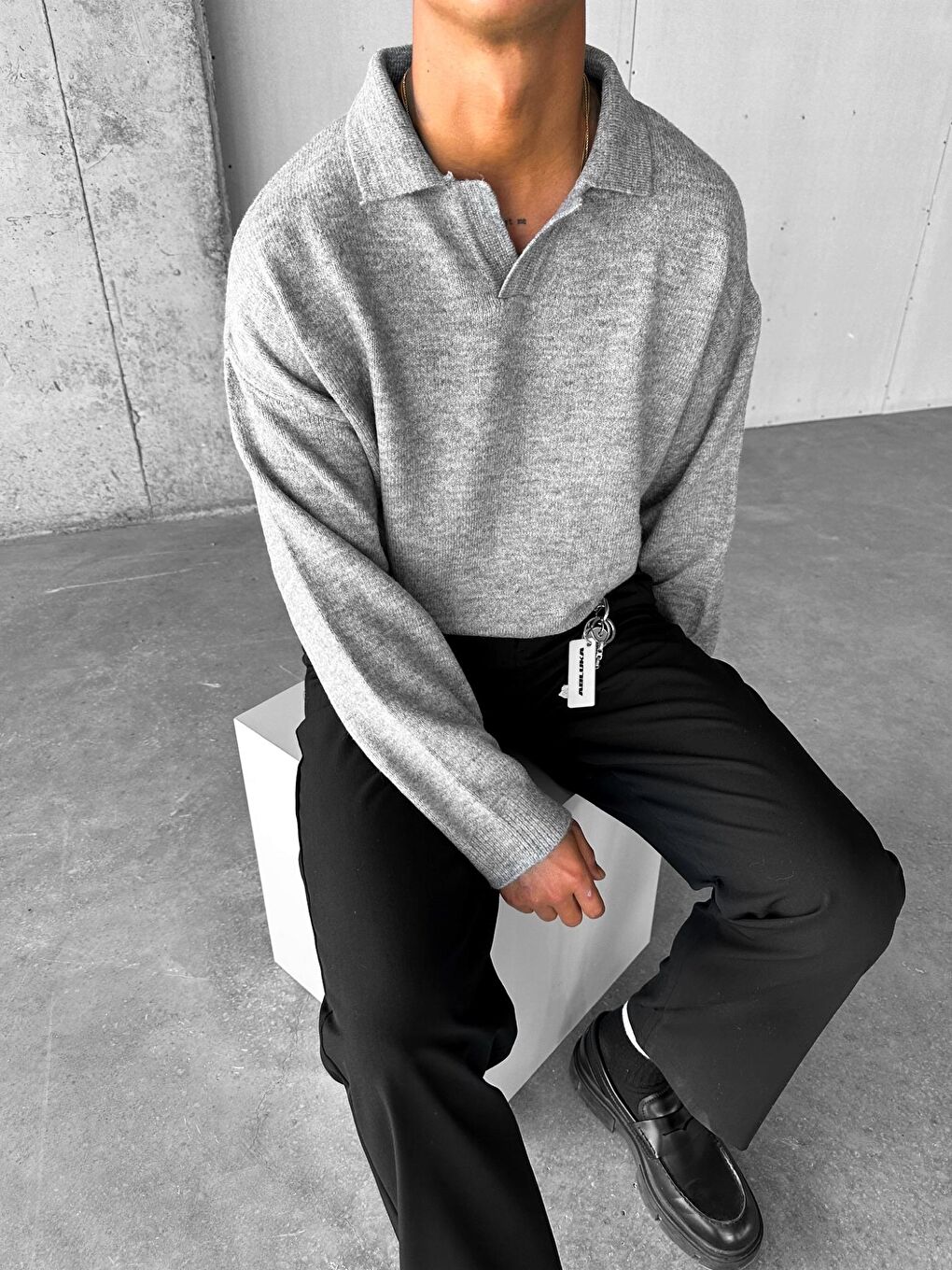 Unisex Polo Yaka Yumuşak Dokulu Oversize Kazak Gri-2