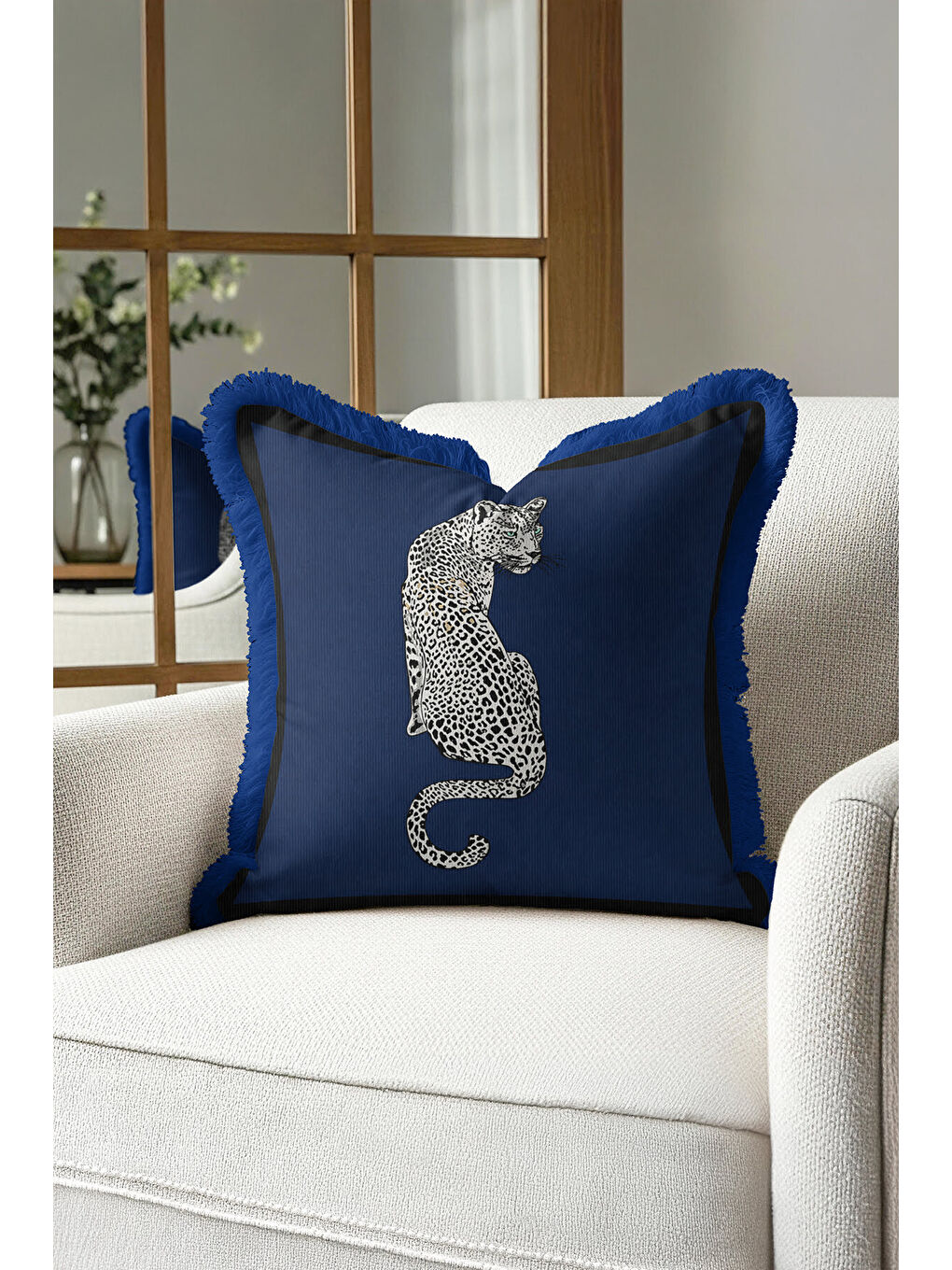 Karışık Leopar Figürlü Saçaklı Yastık Kılıfı - Lüks Vahşi Bohem Lacivert Püsküllü Kırlent Kılıfı