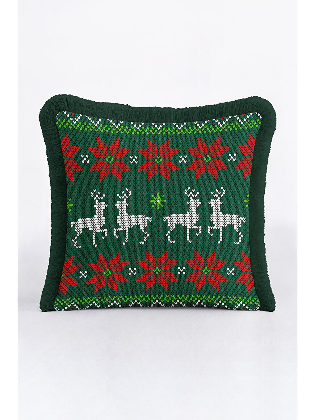 Karışık Zarif Saçaklı Yastık Kılıfı - Noel Ren Geyiği Temalı Yeşil Kırmızı Retro Püsküllü Kırlent Kılıfı-1
