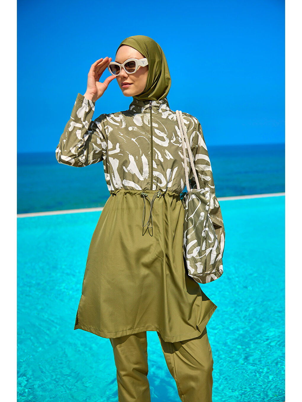 Yeşil Tam Kapalı Tesettür Mayo Plaj Çantalı 4 Parça Set R2506