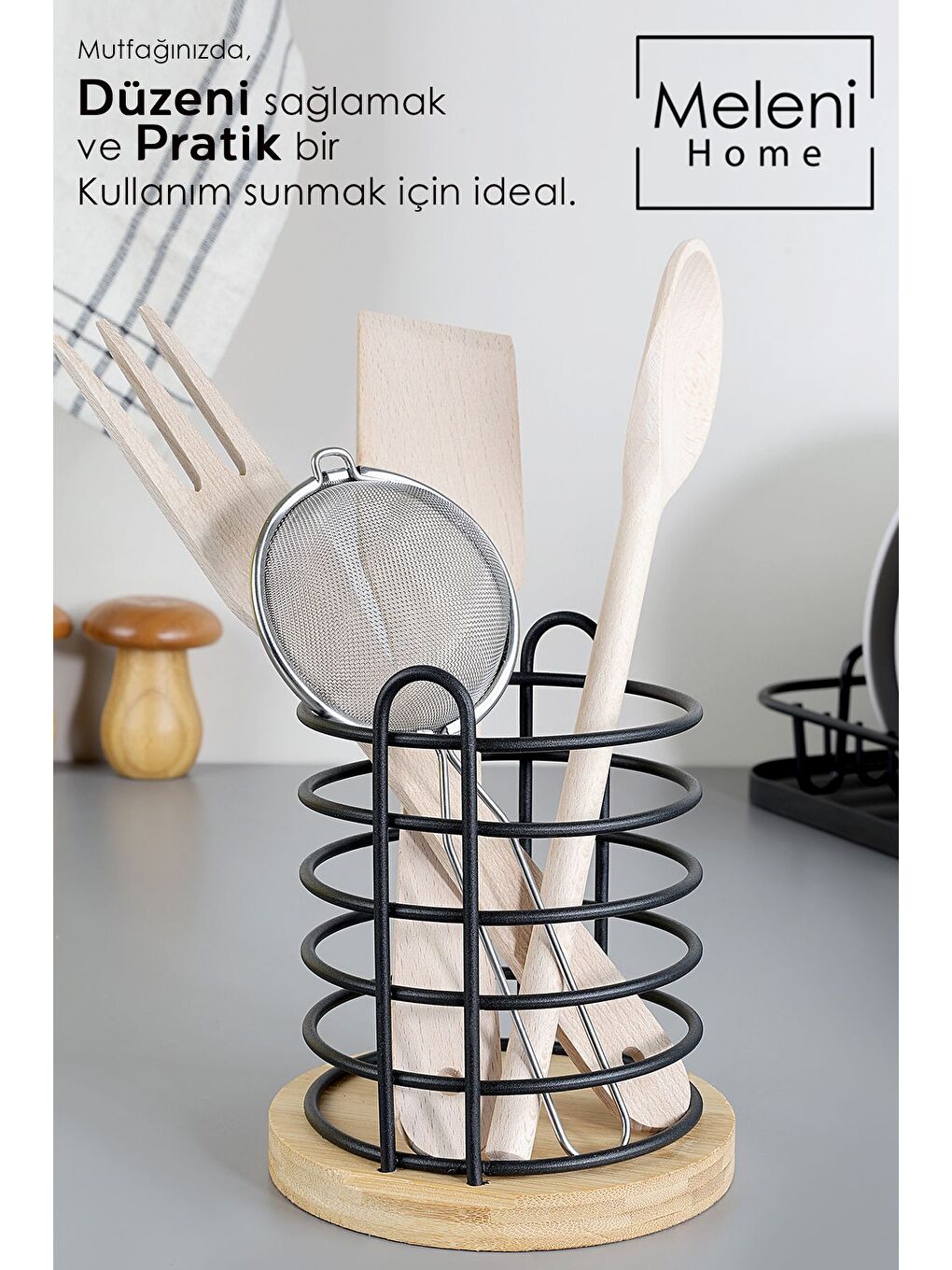Karışık Bambu Tabanlı Metal Kaşıklık Tezgah Üstü Dik Kaşıklık Mutfak Düzenleyici Dekoratif Organizer-1