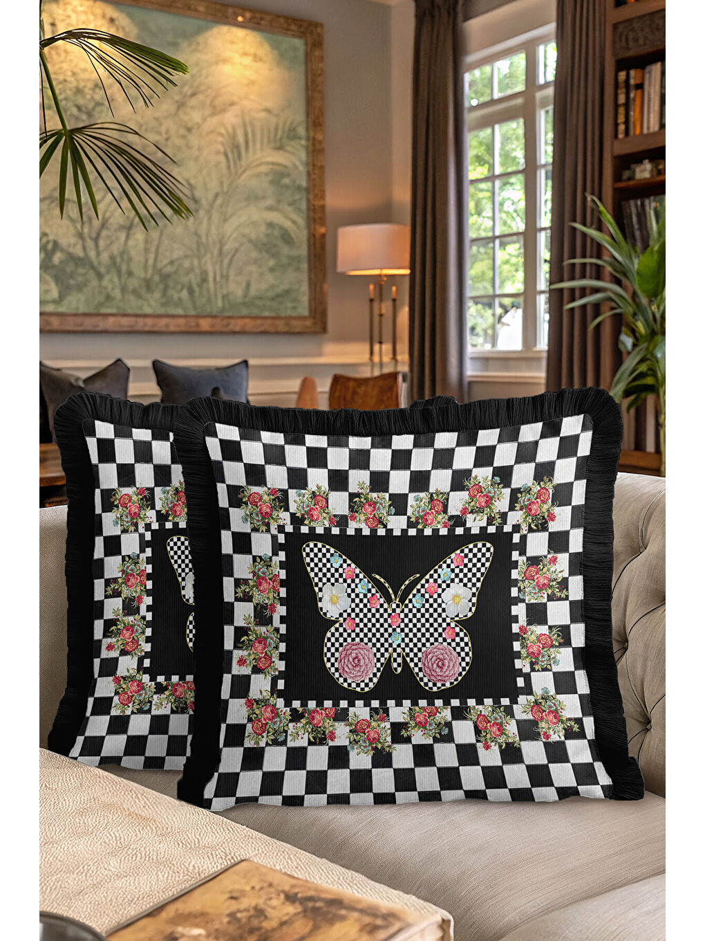 Karışık Zarif Ekose Kelebek Saçaklı Yastık Kılıfı-Gül Motifli Bohem Siyah Püsküllü Kırlent Kılıfı-7