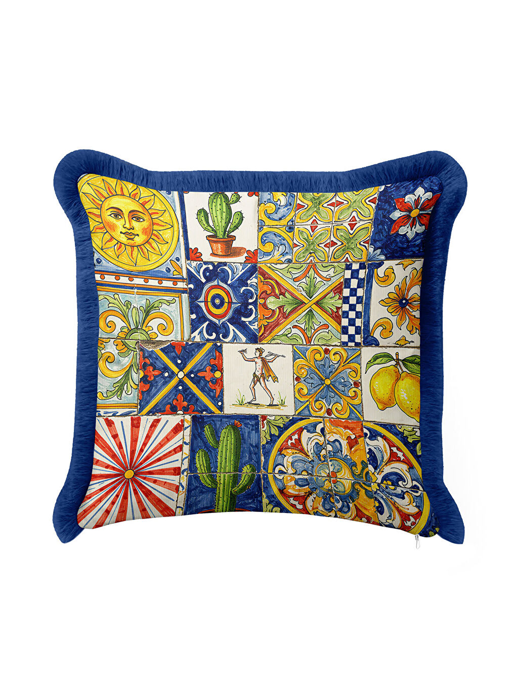 Karışık Akdeniz Seramik Motifli Saçaklı Yastık Kılıfı - Sicilya Stil Canlı Bohem Mavi Püsküllü Kırlent Kılıf