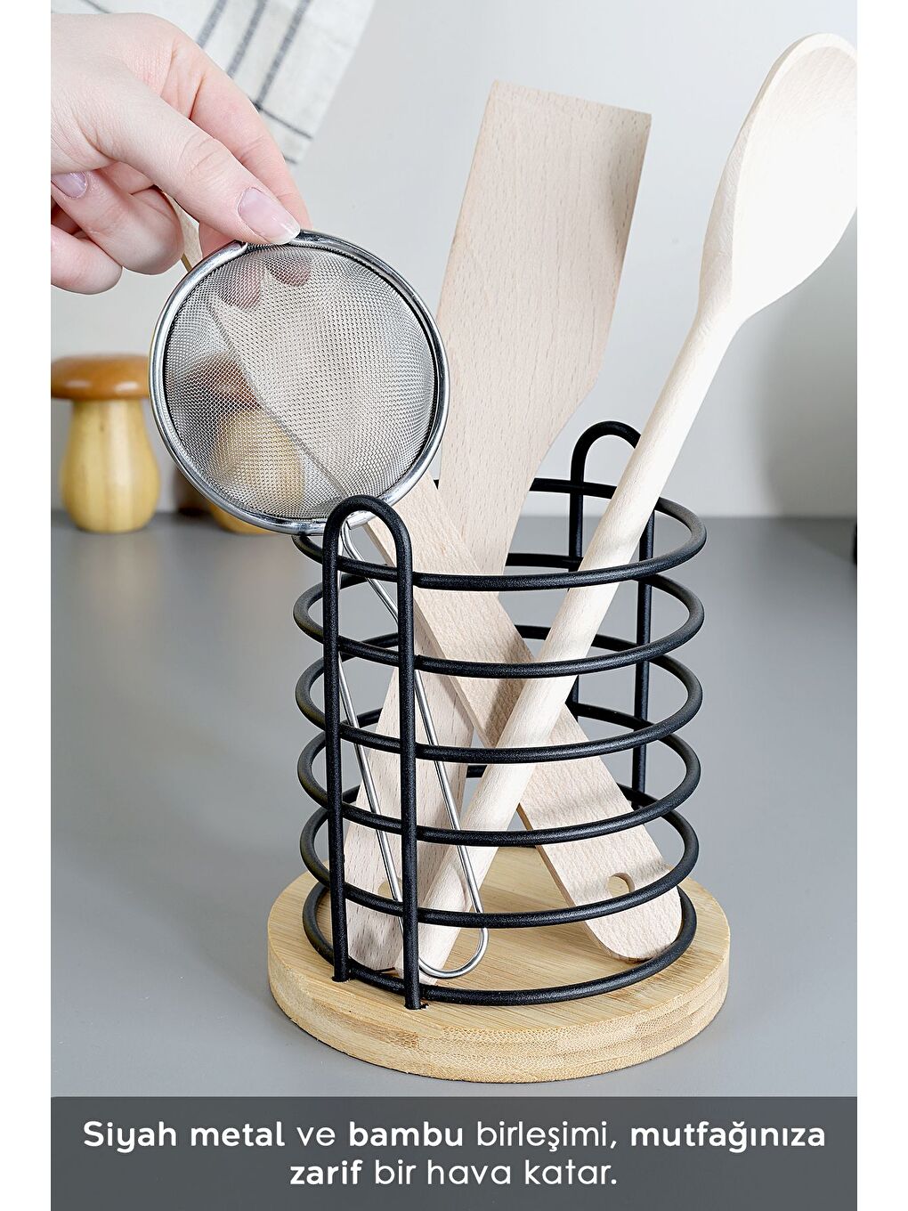 Karışık Bambu Tabanlı Metal Kaşıklık Tezgah Üstü Dik Kaşıklık Mutfak Düzenleyici Dekoratif Organizer-2