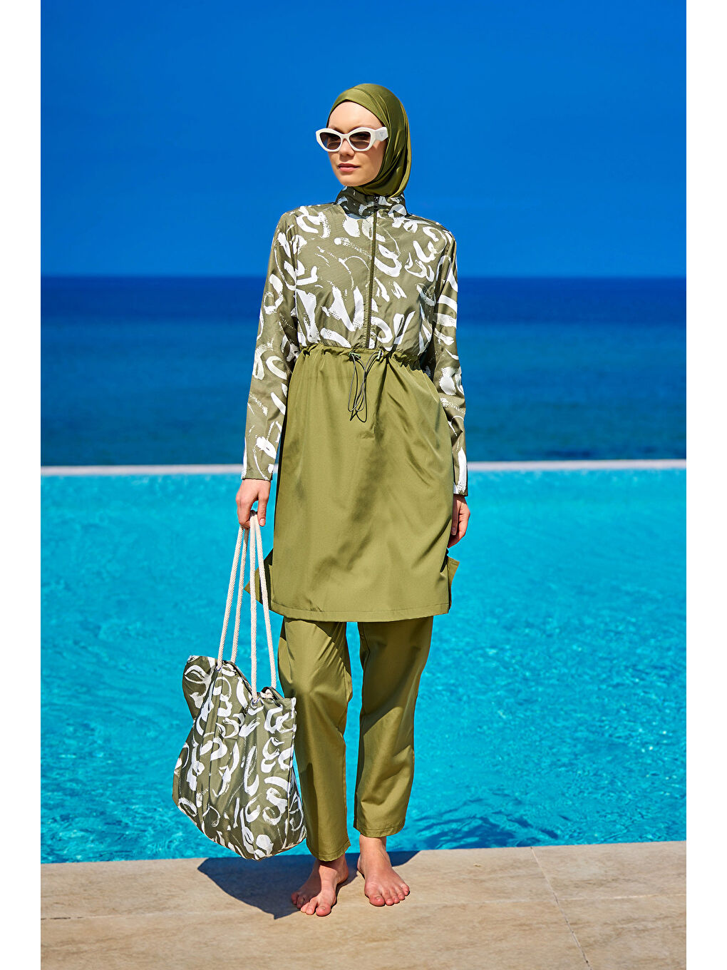 Yeşil Tam Kapalı Tesettür Mayo Plaj Çantalı 4 Parça Set R2506-1