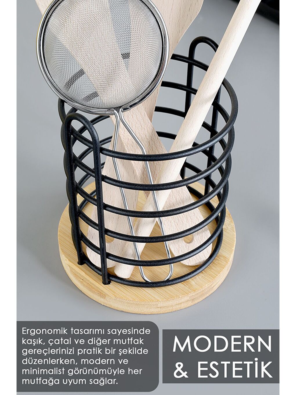 Karışık Bambu Tabanlı Metal Kaşıklık Tezgah Üstü Dik Kaşıklık Mutfak Düzenleyici Dekoratif Organizer-3