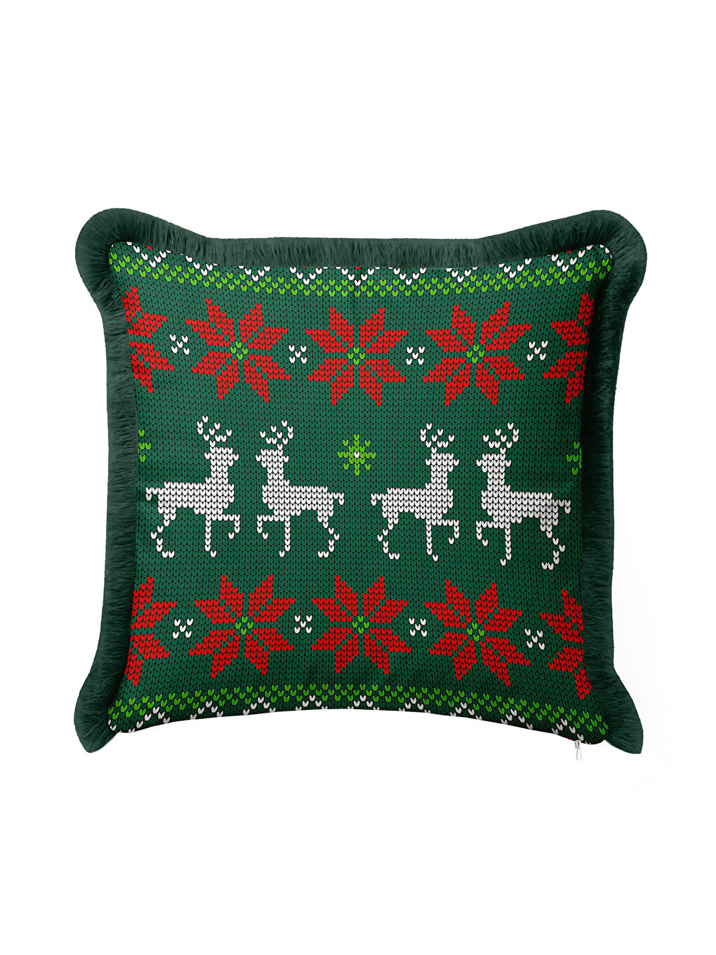 Karışık Zarif Saçaklı Yastık Kılıfı - Noel Ren Geyiği Temalı Yeşil Kırmızı Retro Püsküllü Kırlent Kılıfı-3