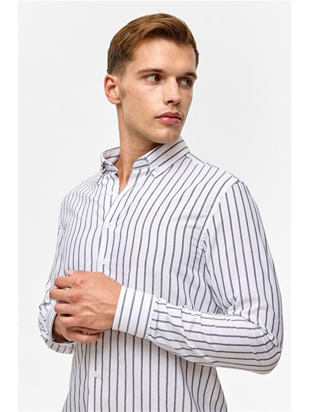 Siyah Slim Düz Düğmeli Yaka Gömlek-4