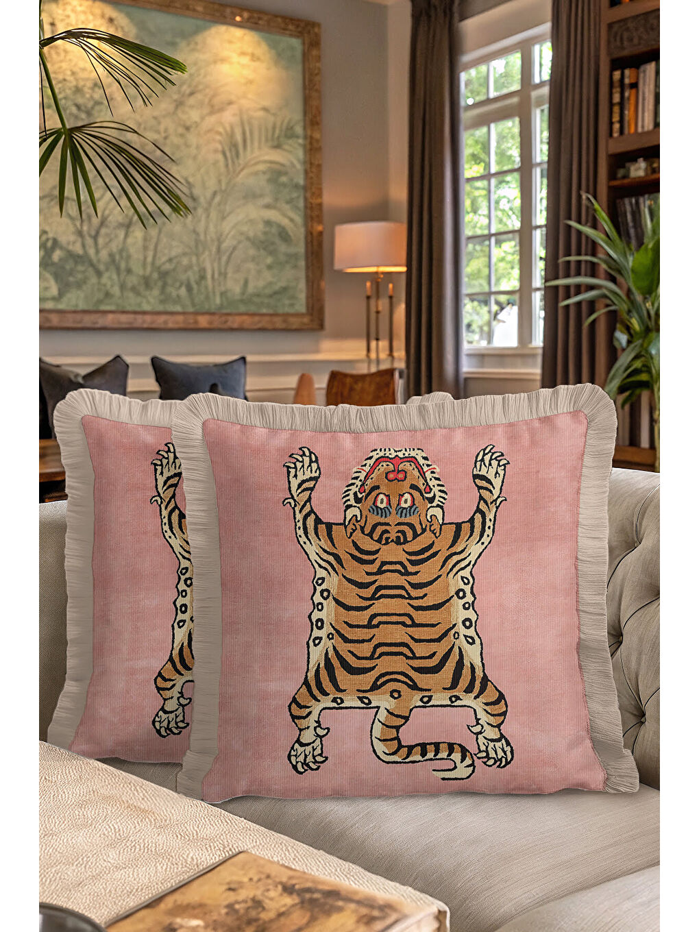 Karışık Lüks Kaplan Figürlü Saçaklı Yastık Kılıfı - Asya Esintili Bohem Pudra Gold Püsküllü Kırlent Kılıfı-7