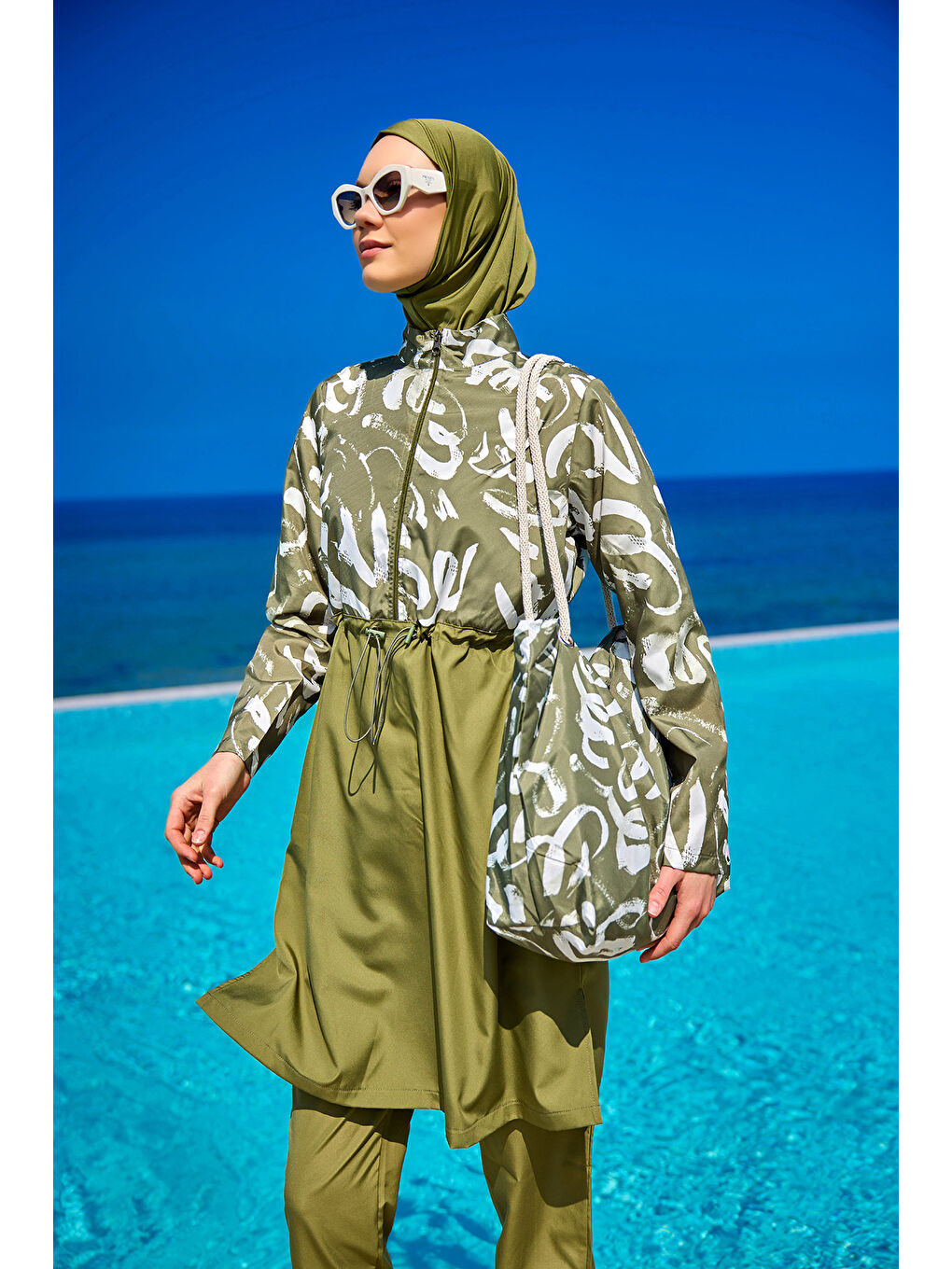 Yeşil Tam Kapalı Tesettür Mayo Plaj Çantalı 4 Parça Set R2506-2