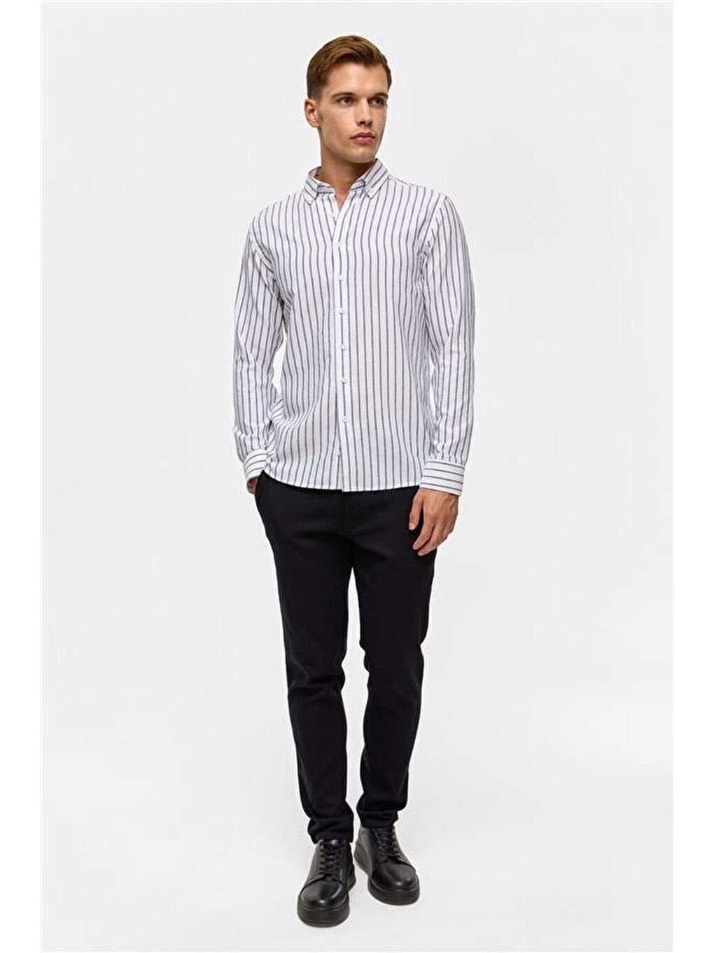 Siyah Slim Düz Düğmeli Yaka Gömlek-9