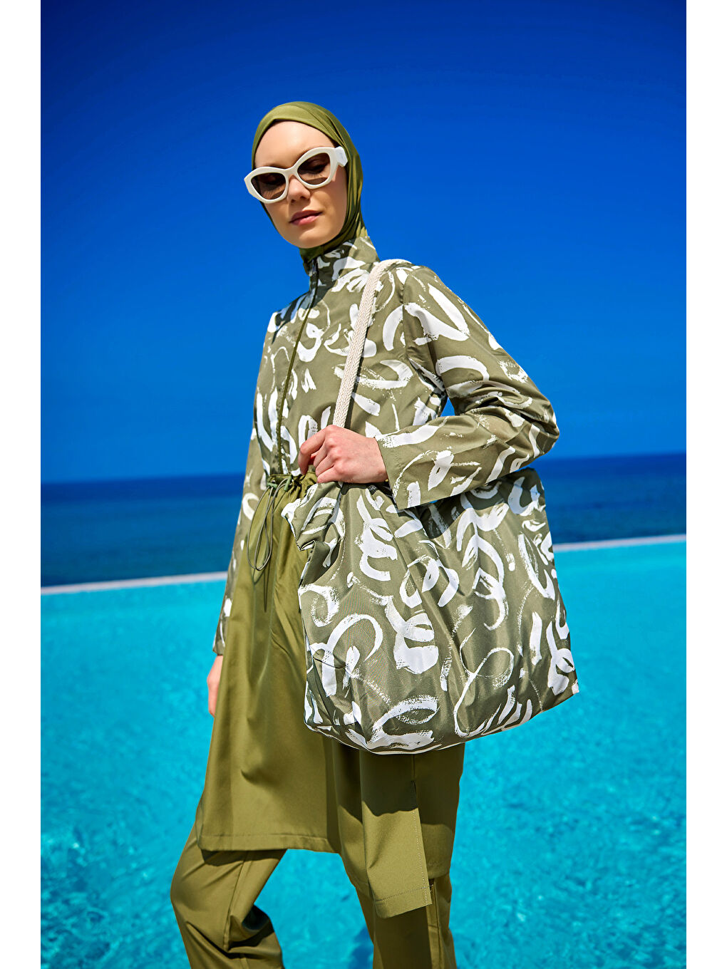 Yeşil Tam Kapalı Tesettür Mayo Plaj Çantalı 4 Parça Set R2506-3