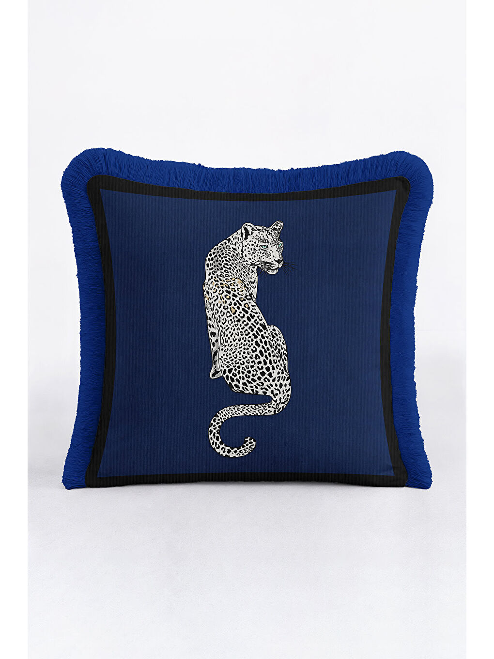 Karışık Leopar Figürlü Saçaklı Yastık Kılıfı - Lüks Vahşi Bohem Lacivert Püsküllü Kırlent Kılıfı-1