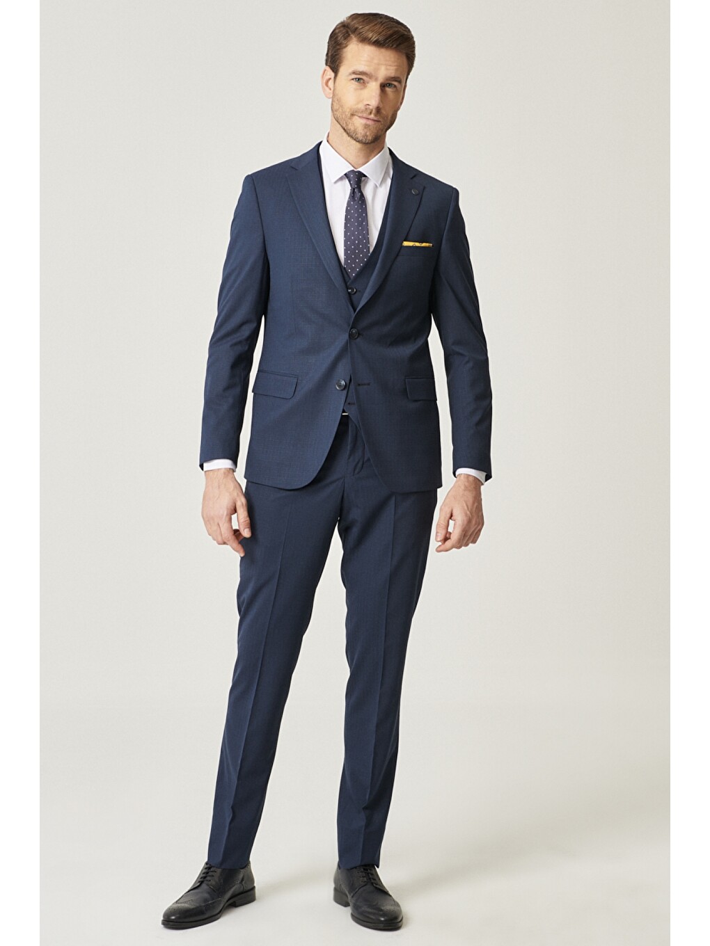 Erkek Lacivert Ekstra Slim Fit Desenli Su Geçirmez Yelekli Nano Takım Elbise